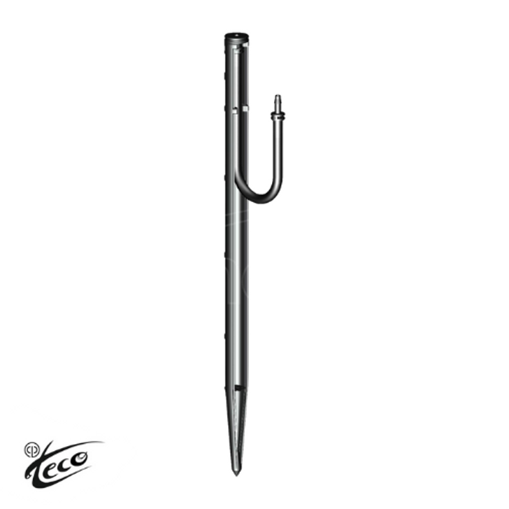 The complete Teco Ultra Stake assembly, which includes a durable stake and a 12" rigid riser. Available in a 10-pack, it's designed to elevate microsprinklers above plants for optimal water coverage.