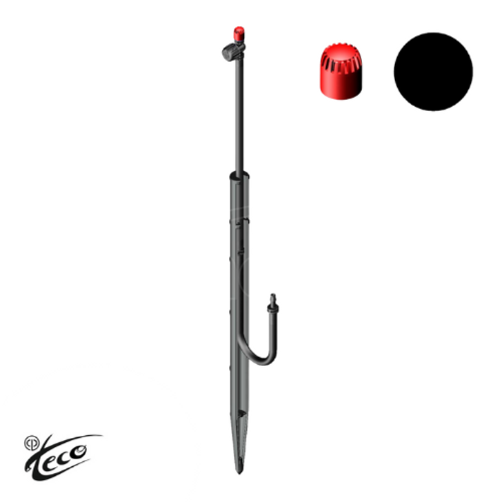 The complete Teco Idra Spike 360-degree spray kit, sold as a 10-pack. Each assembly includes the stake, micro-tubing, and an adjustable red nozzle for full-circle watering in garden beds or lawns.